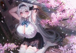 Rule 34 | 1girl, absurdres, arms up, black hairband, black skirt, blush, breasts, collared shirt, falling petals, firefly (honkai: star rail), hair tie in mouth, hairband, highres, honkai: star rail, honkai (series), kneeling, large breasts, long hair, looking at viewer, mouth hold, petals, pleated skirt, purple eyes, shirt, shirt tucked in, short sleeves, skirt, solo, tansuan (ensj3875), thighhighs, thighs, tying hair, very long hair, white hair, white shirt, white thighhighs
