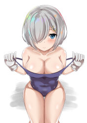 Rule 34 | 1girl, alternate costume, bare shoulders, blue eyes, blue one-piece swimsuit, blush, breasts, chi xiao, closed mouth, collarbone, commentary, covered erect nipples, covered navel, foreshortening, from above, frown, grey hair, hair ornament, hair over one eye, hairclip, hamakaze (kancolle), hands up, highres, kantai collection, large breasts, legs together, looking at viewer, one-piece swimsuit, pulling own clothes, shiny skin, short hair, silver gloves, simple background, sitting, solo, strap pull, swimsuit, thigh gap, thighs, white background