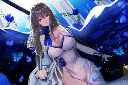 Rule 34 | 1girl, artist request, azur lane, bare shoulders, blue bow, blue flower, blue rose, bow, breasts, cross, cross earrings, dress, dutch angle, earrings, elbow gloves, evening gown, fingerless gloves, flower, gloves, grey hair, hair between eyes, highres, holding, holding polearm, holding weapon, jewelry, large breasts, left-handed, long dress, long hair, mole, mole under eye, nail polish, no bra, no panties, pillar, polearm, polearm behind back, red eyes, rose, saint-louis (azur lane), saint-louis (holy knight&#039;s resplendence) (azur lane), saint-louis (holy knight&#039;s resplendence) (azur lane), side slit, sleeveless, sleeveless dress, weapon, white gloves