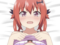 Rule 34 | 1girl, animal hair ornament, bat hair ornament, bed, blush, bow, bow bra, bra, breasts, clothes lift, collarbone, dress, dress lift, gabriel dropout, hair ornament, hair ribbon, hair rings, highres, long hair, looking at viewer, lying, open mouth, poa mellhen, purple bra, purple dress, purple eyes, red hair, ribbon, satanichia kurumizawa mcdowell, small breasts, smile, striped bra, striped clothes, underwear, upper body