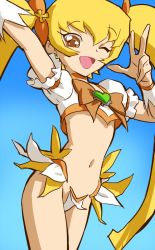 Rule 34 | 1girl, blonde hair, bow, c-string, choker, cure sunshine, hair ribbon, heartcatch precure!, long hair, looking at viewer, magical girl, myoudouin itsuki, nadeara bukichi, navel, one eye closed, open mouth, orange bow, orange choker, precure, ribbon, smile, solo, strapless bottom, twintails, yellow bow, yellow eyes