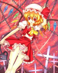 Rule 34 | 1girl, blonde hair, embodiment of scarlet devil, female focus, flandre scarlet, hat, obi futoshi, panties, ponytail, red eyes, short hair, side ponytail, solo, striped clothes, striped panties, touhou, underwear, wings, x-noa-x