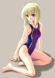 Rule 34 | 1girl, artoria pendragon (all), artoria pendragon (fate), barefoot, blonde hair, blue eyes, braid, competition swimsuit, fate/stay night, fate (series), full body, katahira masashi, long legs, official alternate costume, one-piece swimsuit, saber (fate), saber (summer battle clothes) (fate), sitting, smile, solo, swimsuit, yokozuwari