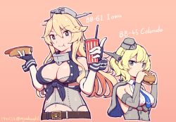 Rule 34 | 2girls, bare shoulders, belt, belt buckle, blonde hair, blue gloves, blue neckwear, braid, breasts, buckle, capelet, character name, colorado (kancolle), cup, dated, detached sleeves, drinking straw, elbow gloves, fingerless gloves, food, garrison cap, gloves, grey eyes, burger, hat, headgear, hot dog, iowa (kancolle), kantai collection, large breasts, long hair, multiple girls, nakaaki masashi, necktie, orange background, short hair, simple background, smile, star-shaped pupils, star (symbol), symbol-shaped pupils, upper body, wrist cuffs