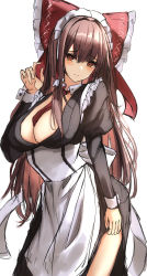 Rule 34 | 1girl, 7saki, alternate costume, apron, black dress, bow, breasts, brown eyes, brown hair, cleavage, clothes lift, collar, dress, hair bow, hair tubes, hakurei reimu, highres, large breasts, long hair, long sleeves, looking at viewer, maid, necktie, open clothes, open dress, puffy sleeves, red bow, red necktie, sidelocks, simple background, skirt, skirt lift, smile, solo, thighs, touhou, unfinished, waist apron, white background, white collar