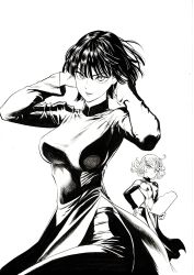Rule 34 | 2girls, absurdres, blunt bangs, blunt ends, breasts, curly hair, dress, earrings, fubuki (one-punch man), greyscale, hair between eyes, highres, holding, jewelry, large breasts, looking at viewer, monochrome, multiple girls, murata yuusuke, one-punch man, short hair, siblings, simple background, sisters, small breasts, tatsumaki, vietnamese clothes, vietnamese dress, white background