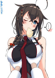 Rule 34 | ..., 1girl, 1other, ahoge, baozi, black hair, black shirt, blue eyes, braid, breasts, commentary request, food, gloves, grabbing, grabbing another&#039;s breast, hair flaps, hair over shoulder, highres, kantai collection, large breasts, long hair, looking at viewer, mouth hold, necktie, one eye closed, pov, red necktie, shiba (zudha), shigure (kancolle), shigure kai san (kancolle), shirt, simple background, single braid, sleeveless, sleeveless shirt, spoken ellipsis, twitter username, two-tone shirt, upper body, white background, white gloves