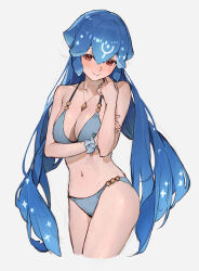 Rule 34 | 1girl, absurdres, bao (vtuber), bare shoulders, bikini, blue bikini, blue hair, blush, breasts, brown eyes, cleavage, closed mouth, collarbone, highres, indie virtual youtuber, jewelry, large breasts, long hair, looking at viewer, low twintails, navel, necklace, sidelocks, sketch, smile, solo, sooon, swimsuit, thighs, twintails, virtual youtuber, white background