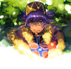 Rule 34 | 1boy, baseball cap, cape, champion uniform, closed mouth, commentary request, creatures (company), dark-skinned male, dark skin, facial hair, fur-trimmed cape, fur trim, game freak, hat, leon (pokemon), long hair, looking at viewer, male focus, nintendo, pokemon, pokemon swsh, poroi (poro586), purple hair, red cape, shirt, smile, solo, upper body, yellow eyes