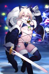 Rule 34 | 1girl, ahoge, animal ears, arm up, artoria pendragon (fate), bikini, black bikini, blonde hair, boots, bow, breasts, commentary request, earmuffs, fake animal ears, fate/grand order, fate (series), fur trim, glasses, gloves, hood, hooded jacket, hoodie, i-pan, jacket, looking at viewer, medium breasts, mysterious heroine x alter (fate), navel, off shoulder, open clothes, open jacket, open mouth, pom pom (clothes), rimless eyewear, sack, short hair, side-tie bikini bottom, solo, swimsuit, sword, tail, thigh boots, thighhighs, weapon, yellow eyes