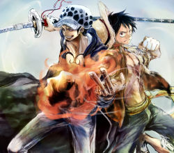 Rule 34 | 2boys, black hair, clenched hand, fighting stance, hat, monkey d. luffy, multiple boys, one piece, ootachi, open clothes, open shirt, puchiri, rubber, shirt, sword, tattoo, trafalgar law, weapon