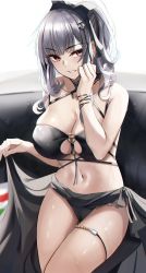 Rule 34 | 1girl, azur lane, bare shoulders, bikini, black bikini, breasts, brown eyes, character request, cleavage, couch, giulio cesare (azur lane), giulio cesare (high tide under the sunlight) (azur lane), grey hair, highres, large breasts, long hair, looking at viewer, navel, nicky w, official alternate costume, sarong, sitting, solo, swimsuit, thigh strap
