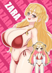 1girl alternate_breast_size bikini blonde_hair blush braid breasts character_name chibi cleavage commentary_request daichi_(daiti1318) hair_between_eyes hair_ribbon highleg highleg_bikini highres huge_breasts kantai_collection long_hair looking_at_viewer multiple_views open_mouth red_bikini ribbon side-tie_bikini_bottom side_braid smile swimsuit very_long_hair zara_(kancolle)