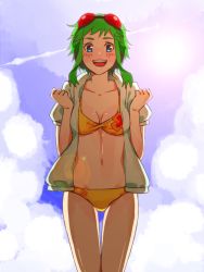 Rule 34 | 1girl, bikini, blue eyes, blush, breasts, day, female focus, goggles, goggles on head, green hair, gumi, machiko (machi machi), open mouth, outdoors, red-tinted eyewear, short hair, short hair with long locks, sky, smile, solo, swimsuit, tinted eyewear, vocaloid