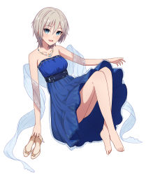 Rule 34 | 10s, 1girl, anastasia (idolmaster), bare legs, bare shoulders, barefoot, blue dress, blue eyes, blush, collarbone, dress, full body, highres, holding, holding shoes, idolmaster, idolmaster cinderella girls, jewelry, looking at viewer, necklace, open mouth, shoes, unworn shoes, short hair, silver hair, simple background, smile, solo, strapless, strapless dress, white background, yahiro (epicopeiidae)