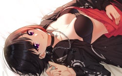 Rule 34 | 1girl, bandeau, bang dream!, bed sheet, black bra, black choker, black hair, black jacket, blush, bra, breasts, chain, choker, cleavage, closed mouth, collarbone, comic, earrings, glint, hand on own stomach, hand up, highres, hoop earrings, jacket, jewelry, long sleeves, looking at viewer, lying, medium breasts, mitake ran, multicolored hair, nail polish, necklace, on back, open clothes, open jacket, pendant, purple eyes, red hair, red nails, short hair, smile, solo, strapless, strapless bra, streaked hair, underwear, upper body, zhanzheng zi