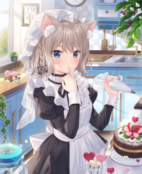 Rule 34 | 1girl, ahoge, animal ear fluff, animal ears, apron, black dress, blue eyes, blurry, braid, brown hair, cake, cat ears, clock, commentary request, depth of field, dress, finger to mouth, flower, food, frills, hat, highres, jar, jimmy madomagi, juliet sleeves, kitchen, long sleeves, looking at viewer, maid, maid apron, medium hair, mob cap, original, pastry bag, picture frame, pink flower, plant, puffy sleeves, revision, rose, solo, wall clock