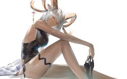 Rule 34 | 1girl, absurdres, animal ears, arknights, bare arms, bingansuan jiamouren, black footwear, black one-piece swimsuit, breasts, carnelian (arknights), carnelian (shimmering dew) (arknights), closed mouth, goat ears, goat girl, goat tail, grey hair, high heels, highres, holding, holding shoes, horns, knee up, large breasts, looking at viewer, looking to the side, one-piece swimsuit, red eyes, shoes, unworn shoes, short hair, sitting, smile, solo, swimsuit, tail, two side up, wet, white background