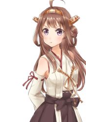 Rule 34 | 10s, 1girl, ahoge, arms behind back, blush, bow, brown hair, detached sleeves, double bun, hair rings, headgear, japanese clothes, kantai collection, kongou (kancolle), long hair, nontraditional miko, nuno (pppompon), pleated skirt, pout, purple eyes, ribbon, ribbon-trimmed sleeves, ribbon trim, simple background, skirt, solo, white background
