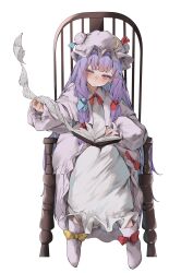 Rule 34 | 1girl, blush, book, boots, chair, closed mouth, dress, hat, highres, long hair, long sleeves, mob cap, open book, patchouli knowledge, purple dress, purple eyes, purple footwear, purple hair, purple hat, simple background, sitting, solo, touhou, tsune (tune), white background