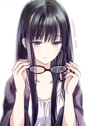 1girl black_hair blouse character_name collarbone expressionless female_focus glasses himawari-san himawari-san_(character) hime_cut holding holding_removed_eyewear long_hair official_art original purple_eyes shirt simple_background solo sugano_manami unworn_eyewear upper_body white_background white_shirt