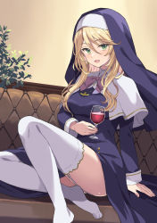 Rule 34 | 1girl, blonde hair, blush, breasts, cup, drinking glass, engage kiss, garter straps, green eyes, habit, highres, large breasts, long hair, looking at viewer, nun, open mouth, rasahan, sharon holygrail, sitting, smile, solo, swept bangs, thighhighs, wine glass