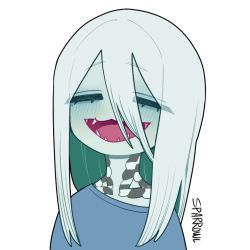 Rule 34 | 1girl, = =, artist name, blue shirt, blush, closed eyes, hair between eyes, ivy (sparrowl), long hair, open mouth, original, scales, shirt, simple background, smile, solo, sparrowl, upper body, white background