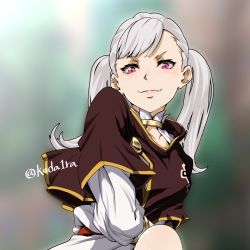 Rule 34 | 1girl, black clover, breasts, capelet, choker, closed mouth, collarbone, koda1ra, long hair, long sleeves, looking at viewer, medium breasts, noelle silva, purple eyes, silver hair, simple background, smile, solo, solo focus, twintails, twitter username