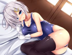 Rule 34 | 10s, 1girl, :o, alternate costume, black thighhighs, blue one-piece swimsuit, blush, breasts, collarbone, dutch angle, eyebrows, gloves, hair ornament, hairclip, hamakaze (kancolle), highleg, highleg swimsuit, kantai collection, large breasts, looking at viewer, lying, on bed, on side, one-piece swimsuit, shiny clothes, short hair, silver hair, skindentation, sliding doors, solo, swimsuit, thighhighs, white gloves, yahiro (anhnw)