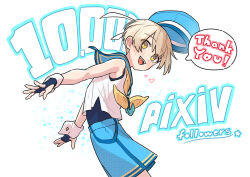 Rule 34 | 1boy, arms behind back, blonde hair, blue shorts, blush, fingerless gloves, from side, gloves, hat, heart, leaning forward, looking at viewer, male focus, mubo, open mouth, original, ribbon, sailor hat, school uniform, serafuku, shirt, shorts, smile, solo, speech bubble, thank you, trap, white background, white shirt, wrist cuffs, yellow eyes, yellow ribbon