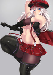 Rule 34 | 10s, 1girl, alisa ilinichina amiella, bare shoulders, blue eyes, boots, breasts, curvy, elbow gloves, fingerless gloves, gloves, god eater, god eater burst, hat, holding, holding weapon, large breasts, long hair, looking at viewer, navel, pantyhose, raycat, skirt, solo, suspender skirt, suspenders, sword, thick thighs, thigh boots, thighhighs, thighs, underboob, weapon, white hair, wide hips