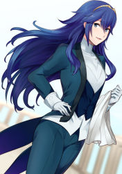 Rule 34 | 1girl, ameno (a meno0), bad id, bad twitter id, blue eyes, blue hair, blue jacket, blue pants, blue vest, blurry, blurry background, breasts, butler, commentary request, cowboy shot, eyelashes, female butler, fire emblem, fire emblem awakening, formal, gloves, hair between eyes, hand on own hip, jacket, long hair, looking at viewer, lucina (fire emblem), nintendo, pants, parted lips, shirt, sidelocks, small breasts, smile, solo, suit, tailcoat, tiara, tuxedo, vest, white gloves, white shirt