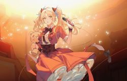 Rule 34 | 16400526, 1girl, arknights, blonde hair, bow, bowtie, corset, dress, female focus, hand on own hip, highres, holding, holding stuffed toy, layered dress, microphone, official alternate costume, open mouth, orange background, orange theme, pinecone (arknights), pinecone (sing a song) (arknights), ribbon, solo, standing, stuffed animal, stuffed toy, teddy bear, twintails