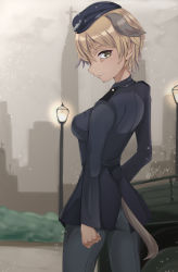 Rule 34 | 1girl, animal ears, ass, bad id, bad pixiv id, black pantyhose, blonde hair, blush, brave witches, breasts, dog ears, dog girl, dog tail, hat, highres, looking at viewer, looking back, medium breasts, military, military uniform, momendoufu, outdoors, pantyhose, parted lips, short hair, smile, snowing, solo, standing, tail, uniform, waltrud krupinski, world witches series, yellow eyes