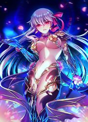 Rule 34 | 1girl, armor, bad id, bad pixiv id, bikini armor, blush, breasts, cleavage, collar, earrings, fate/grand order, fate (series), flower, gradient background, hair ribbon, highres, jewelry, kama (fate), kama (third ascension) (fate), large breasts, light particles, long hair, looking at viewer, lotus, metal collar, navel, open mouth, petals, red eyes, ribbon, rlf 00, sash, silver hair, solo, space, star (sky), thighlet, thighs