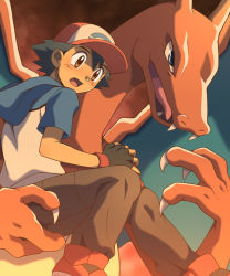 Rule 34 | 1boy, ash ketchum, baseball cap, black hair, blush, brown eyes, carrying, charizard, claws, commentary request, creatures (company), cyaneko, fingerless gloves, game freak, gen 1 pokemon, gloves, hat, hood, hoodie, looking to the side, male focus, nintendo, open mouth, pants, pokemon, pokemon (anime), pokemon (creature), pokemon bw (anime), shoes, short sleeves, tongue