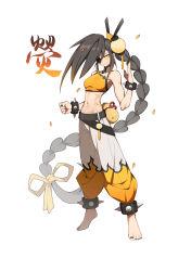 Rule 34 | 1girl, abs, absurdres, bare arms, bare shoulders, barefoot, black hair, black nails, bracelet, breasts, commentary, crop top, eyepatch, full body, grin, hair ribbon, hand up, hanenosaki, highres, jewelry, long braid, long hair, looking at viewer, medium breasts, midriff, nail polish, navel, original, pants, ribbon, shirt, simple background, smile, solo, spiked bracelet, spikes, standing, stomach, toenail polish, toenails, very long hair, white background, white pants, yellow eyes, yellow ribbon, yellow shirt