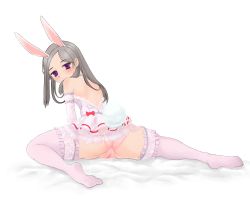 Rule 34 | 1girl, absurdres, all fours, animal ears, artist request, ass, bad id, bad pixiv id, black hair, cameltoe, dress, elbow gloves, elin, feet, from behind, gloves, has bad revision, has downscaled revision, highres, long hair, looking back, md5 mismatch, panties, pink panties, purple eyes, rabbit ears, resolution mismatch, solo, source smaller, spread legs, tail, tera online, thighhighs, underwear