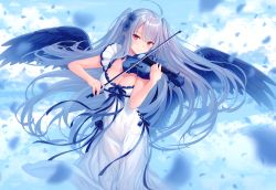 Rule 34 | 1girl, absurdres, ahoge, blue flower, blue ribbon, blue sky, blurry, blush, bow (music), breasts, cleavage, closed mouth, cloud, cloudy sky, day, dress, feathered wings, floating hair, flower, grey hair, hair flower, hair ornament, highres, holding, holding instrument, holding violin, instrument, large breasts, long hair, looking at viewer, music, no panties, original, petals, playing instrument, red eyes, ribbon, rose, scan, see-through, sidelocks, sky, sleeveless, sleeveless dress, smile, solo, two side up, very long hair, violin, white dress, wings, yashiro seika