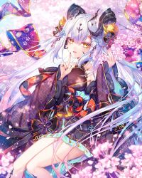 Rule 34 | 1girl, :d, bare shoulders, black horns, black kimono, blush, cherry blossoms, commission, detached sleeves, dragon horns, falling petals, fingernails, flower, grey hair, hair ornament, hands up, highres, horns, japanese clothes, kimono, long hair, looking at viewer, munlu (wolupus), open mouth, original, outdoors, petals, pink flower, sitting, skeb commission, smile, solo, wide sleeves, yellow eyes