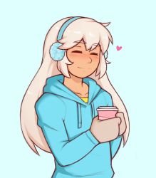 Rule 34 | 1boy, 2hands1cup, blue background, blue hoodie, blush, brown gloves, closed eyes, closed mouth, cody (dross), coffee cup, cup, dark-skinned male, dark skin, disposable cup, dross, earmuffs, gloves, heart, holding, holding cup, hood, hoodie, long hair, original, simple background, solo, trap, winter clothes