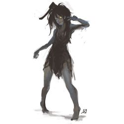 Rule 34 | 1girl, axe, black hair, colored skin, female focus, full body, glowing, glowing eyes, grey skin, messy hair, open mouth, original, simple background, solo, torn clothes, tsk img, v, white background, yellow eyes, zombie