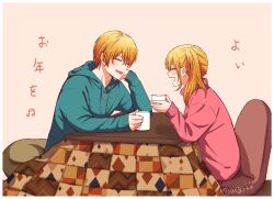 Rule 34 | 1boy, 1girl, aqua hoodie, artist name, asgykk, blonde hair, brother and sister, closed eyes, cup, desk, glass, hair between eyes, highres, holding, holding cup, hoshino aquamarine, hoshino ruby, long hair, long sleeves, open mouth, oshi no ko, pink sweater, short hair, siblings, side ponytail, sitting, sweater, translation request, twins, twitter username