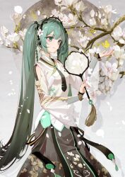 Rule 34 | 1girl, absurdres, alternate costume, aqua eyes, aqua hair, black hairband, black skirt, chinese commentary, closed mouth, commentary, flower, hair flower, hair ornament, hairband, hatsune miku, highres, holding, long hair, long sleeves, magnolia, miku day, miku with you (vocaloid), osage (8545675), petals, shirt, skirt, solo, twintails, vocaloid, white flower, white shirt
