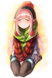Rule 34 | 1girl, ^ ^, absurdres, beanie, between legs, blush, closed eyes, closed mouth, closed eyes, full body, green scarf, hand between legs, hat, highres, kagamihara nadeshiko, long hair, long sleeves, low twintails, netamaru, no shoes, own hands together, pantyhose, pink hair, scarf, shorts, sitting, smile, solo, twintails, v arms, very long hair, white background, yurucamp