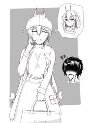 Rule 34 | 1boy, 1girl, ahafiy, alternate costume, alternate hairstyle, bag, blush, border, coat, commentary, english commentary, closed eyes, fate/grand order, fate (series), fujimaru ritsuka (male), grey background, greyscale, hair between eyes, handbag, hat, holding, holding bag, holding handbag, horns, horns through headwear, long hair, low-tied long hair, low twintails, monochrome, oni horns, open mouth, pointing, pointing at self, red eyes, shaded face, skirt, spot color, surprised, sweatdrop, tomoe gozen (fate), twintails, white border
