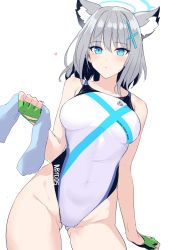 Rule 34 | 1girl, animal ear fluff, animal ears, blue archive, blue eyes, cat ears, competition swimsuit, contrapposto, cowboy shot, fingerless gloves, gloves, gluteal fold, green gloves, grey hair, hair ornament, halcon, heart, highres, looking at viewer, one-piece swimsuit, shiroko (blue archive), simple background, solo, swimsuit, thigh gap, white background, white one-piece swimsuit