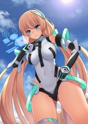 Rule 34 | 1girl, angela balzac, blonde hair, blue eyes, blue sky, breasts, cloud, covered navel, cowboy shot, day, dutch angle, from below, frown, highres, holographic interface, large breasts, leotard, long hair, looking at viewer, low twintails, oyaji-sou, rakuen tsuihou, serious, sky, solo, sun, sweatdrop, thigh strap, twintails, very long hair