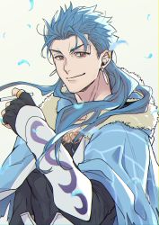 Rule 34 | 0343 u, 1boy, absurdres, blue hair, capelet, cigarette, closed mouth, cu chulainn (caster) (fate), cu chulainn (fate), earrings, fate/grand order, fate (series), floating hair, fur-trimmed hood, fur trim, grin, highres, holding, holding cigarette, hood, hood down, hooded capelet, jewelry, long hair, looking at viewer, male focus, multiple earrings, multiple piercings, red eyes, slit pupils, smile, solo, spiked hair, vambraces