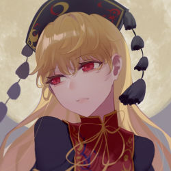 Rule 34 | 1girl, black dress, black headwear, blonde hair, close-up, closed mouth, commentary request, dress, full moon, hair between eyes, headdress, highres, junko (touhou), long hair, looking to the side, moon, night, night sky, red eyes, sky, solo, tabard, tassel, touhou, umi-ao, upper body
